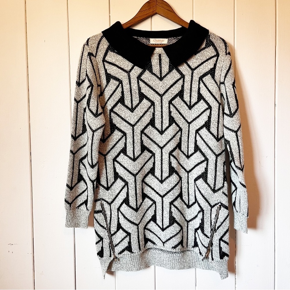 Orange Fashion Village Black and Grey Geometric collared Sweater.